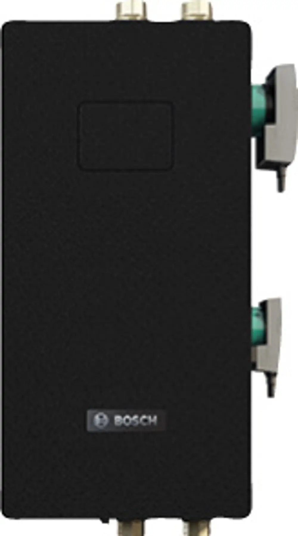Schwarzes kompaktes Gerät mit Anschlüssen für eine Bosch-Warmwasser-Ladestation. An der Vorderseite befindet sich das Bosch-Logo, Stecker sind an der Seite angebracht.